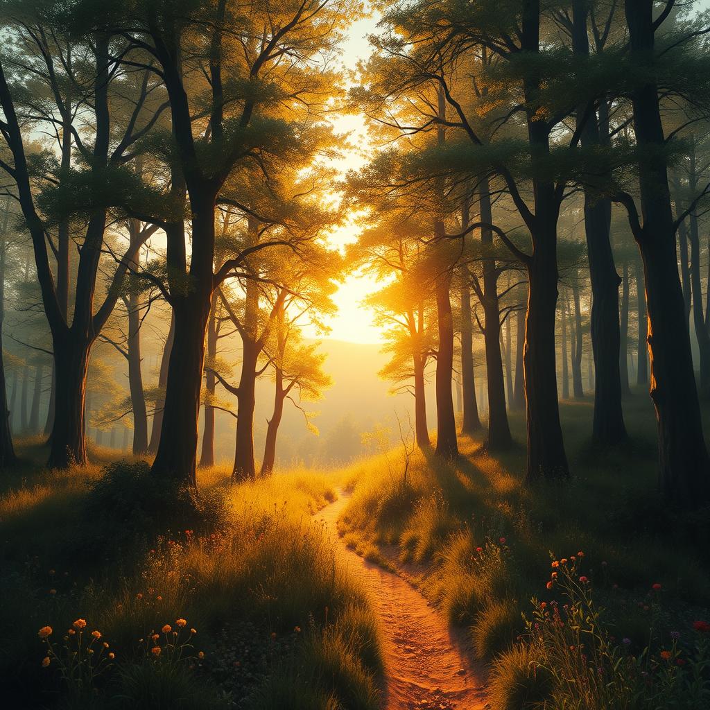 An ethereal and majestic digital painting of a windy forest landscape during golden hour