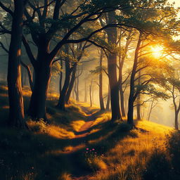 An ethereal and majestic digital painting of a windy forest landscape during golden hour