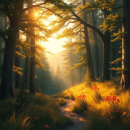 An ethereal and majestic digital painting of a windy forest landscape during golden hour