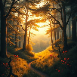 An ethereal and majestic digital painting of a windy forest landscape during golden hour