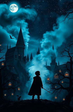 A dark and mystical scene from a Harry Potter-inspired world, featuring Hogwarts castle under a starry night sky, illuminated by a full moon
