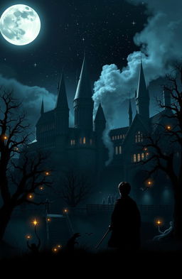 A dark and mystical scene from a Harry Potter-inspired world, featuring Hogwarts castle under a starry night sky, illuminated by a full moon
