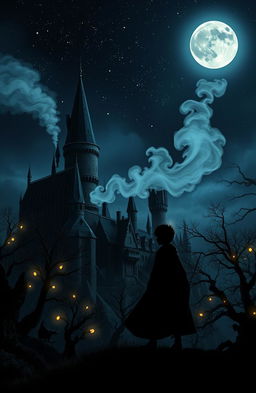 A dark and mystical scene from a Harry Potter-inspired world, featuring Hogwarts castle under a starry night sky, illuminated by a full moon