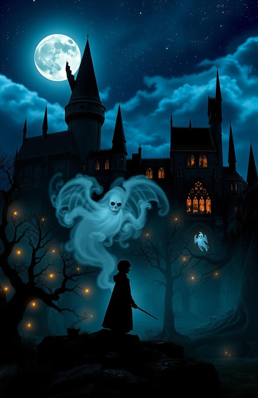 A dark and mystical scene from a Harry Potter-inspired world, featuring Hogwarts castle under a starry night sky, illuminated by a full moon