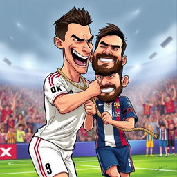 A dramatic and intense illustration of Cristiano Ronaldo playfully pretending to strangle Lionel Messi with a rope in a cartoonish style