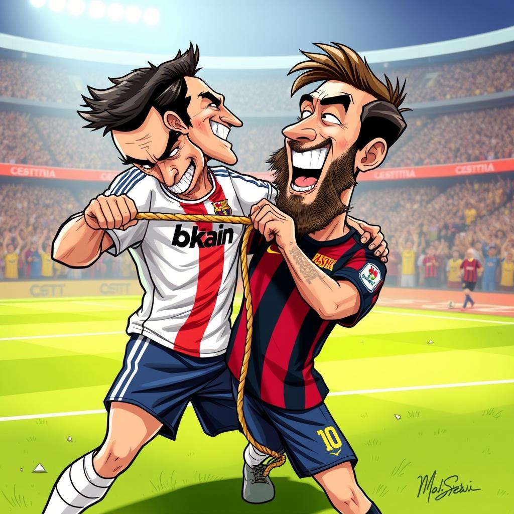 A dramatic and intense illustration of Cristiano Ronaldo playfully pretending to strangle Lionel Messi with a rope in a cartoonish style