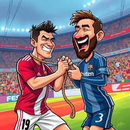 A dramatic and intense illustration of Cristiano Ronaldo playfully pretending to strangle Lionel Messi with a rope in a cartoonish style