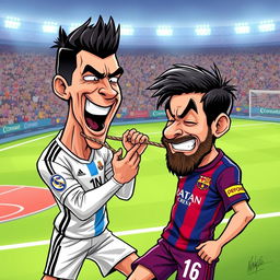 A dramatic and intense illustration of Cristiano Ronaldo playfully pretending to strangle Lionel Messi with a rope in a cartoonish style