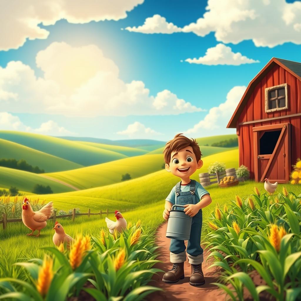 A vibrant and picturesque scene of a farm owned by a character named Messi