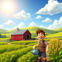 A vibrant and picturesque scene of a farm owned by a character named Messi