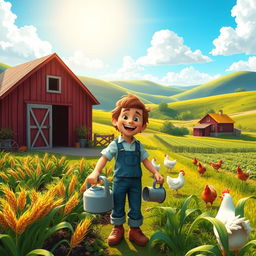 A vibrant and picturesque scene of a farm owned by a character named Messi