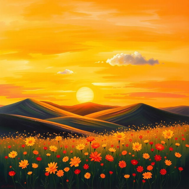 A scenic landscape featuring rolling hills and a vibrant sunset in the background