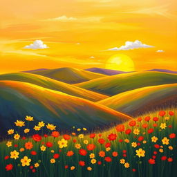 A scenic landscape featuring rolling hills and a vibrant sunset in the background