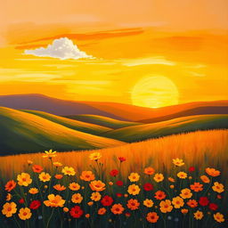 A scenic landscape featuring rolling hills and a vibrant sunset in the background