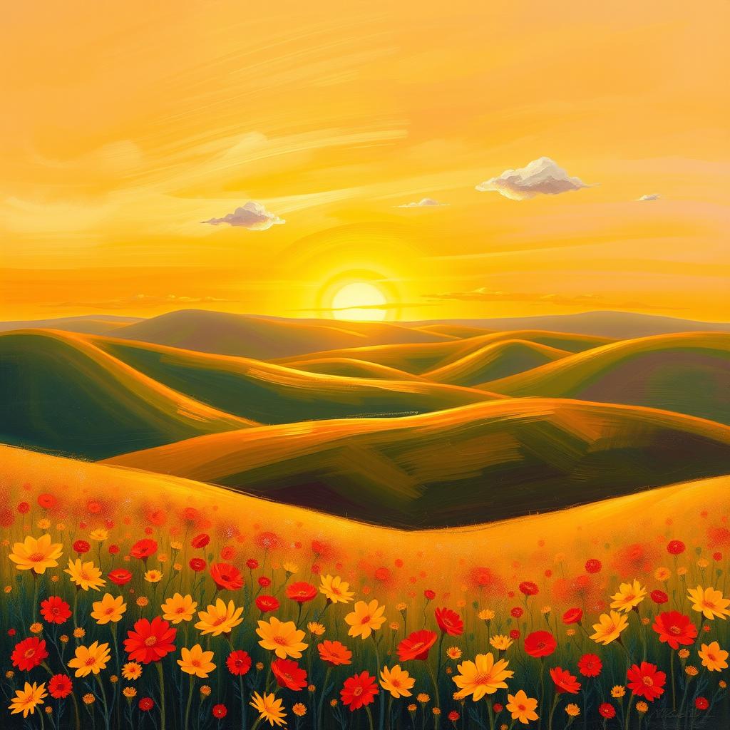A scenic landscape featuring rolling hills and a vibrant sunset in the background