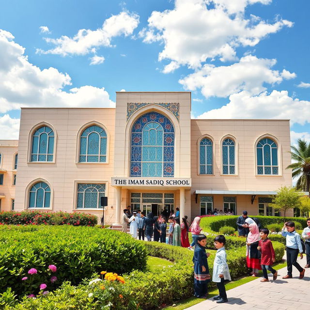The Imam Sadiq School, featuring a modern building with beautiful Islamic architectural elements