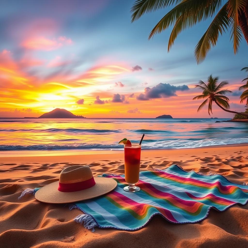 A serene and enchanting scene of a lush tropical beach at sunset, featuring golden sand, azure waves, and palm trees swaying gently in the breeze