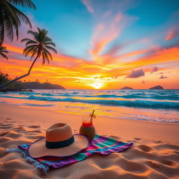 A serene and enchanting scene of a lush tropical beach at sunset, featuring golden sand, azure waves, and palm trees swaying gently in the breeze