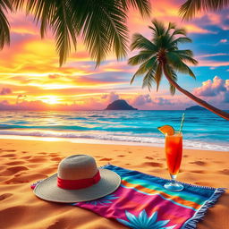 A serene and enchanting scene of a lush tropical beach at sunset, featuring golden sand, azure waves, and palm trees swaying gently in the breeze