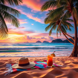 A serene and enchanting scene of a lush tropical beach at sunset, featuring golden sand, azure waves, and palm trees swaying gently in the breeze
