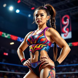 A full body portrait of a strong and beautiful female wrestler, showcasing her muscular physique and confident stance