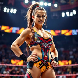 A full body portrait of a strong and beautiful female wrestler, showcasing her muscular physique and confident stance