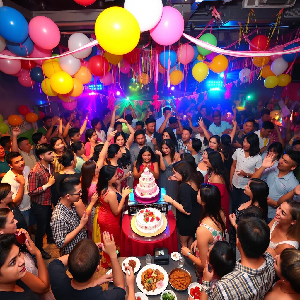 A lively and vibrant big party scene filled with a diverse group of people dancing and celebrating