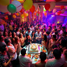 A lively and vibrant big party scene filled with a diverse group of people dancing and celebrating