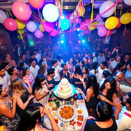A lively and vibrant big party scene filled with a diverse group of people dancing and celebrating