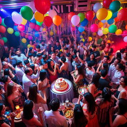 A lively and vibrant big party scene filled with a diverse group of people dancing and celebrating