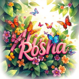A beautiful and vibrant illustration featuring the names 'Ali' and 'Rosha' artistically intertwined among lush green foliage