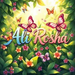 A beautiful and vibrant illustration featuring the names 'Ali' and 'Rosha' artistically intertwined among lush green foliage