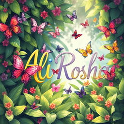 A beautiful and vibrant illustration featuring the names 'Ali' and 'Rosha' artistically intertwined among lush green foliage