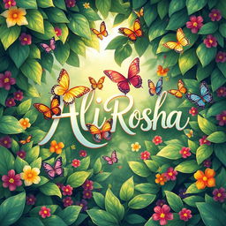 A beautiful and vibrant illustration featuring the names 'Ali' and 'Rosha' artistically intertwined among lush green foliage