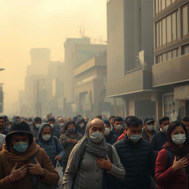 A bustling street scene in Tehran, illustrating the effects of severe air pollution