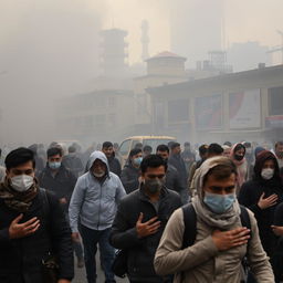 A bustling street scene in Tehran, illustrating the effects of severe air pollution