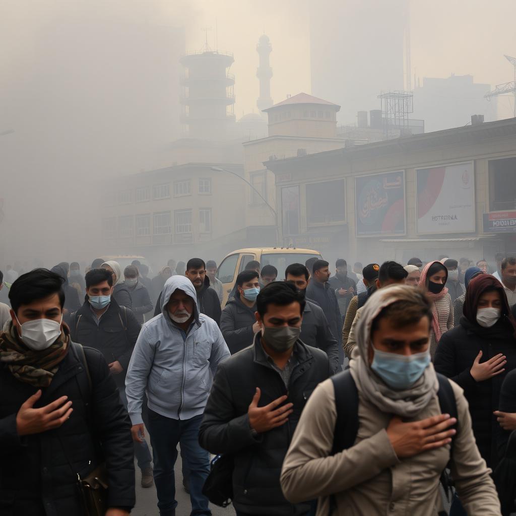 A bustling street scene in Tehran, illustrating the effects of severe air pollution
