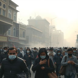 A bustling street scene in Tehran, illustrating the effects of severe air pollution