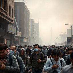 A bustling street scene in Tehran, illustrating the effects of severe air pollution
