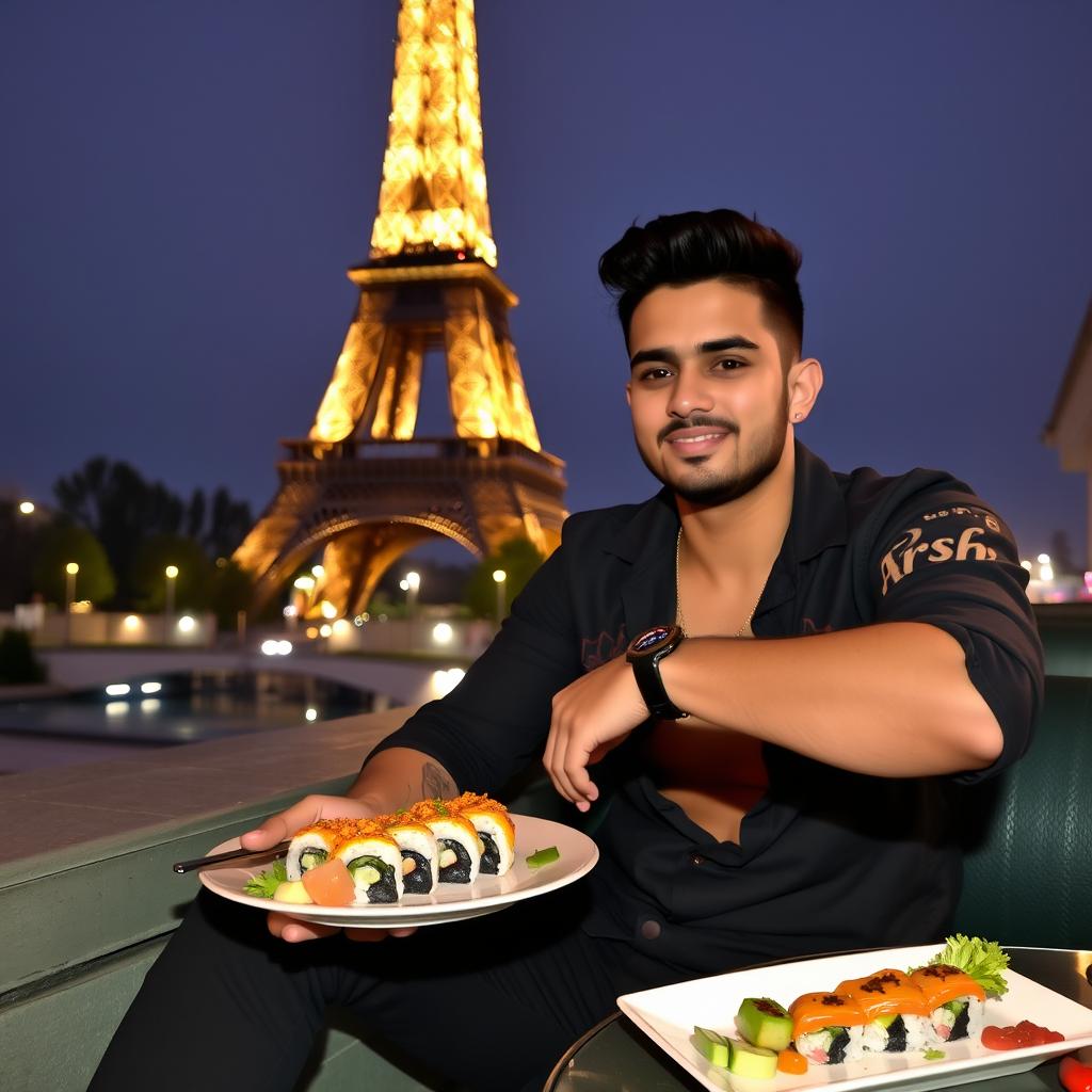 A stylish man sitting next to the Eiffel Tower in Paris, enjoying sushi