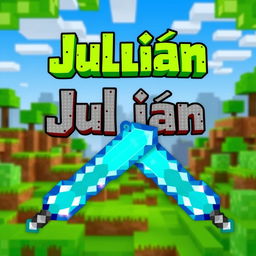 A vibrant Minecraft-themed background featuring blocky landscapes, including green grass, blue sky, and pixelated trees