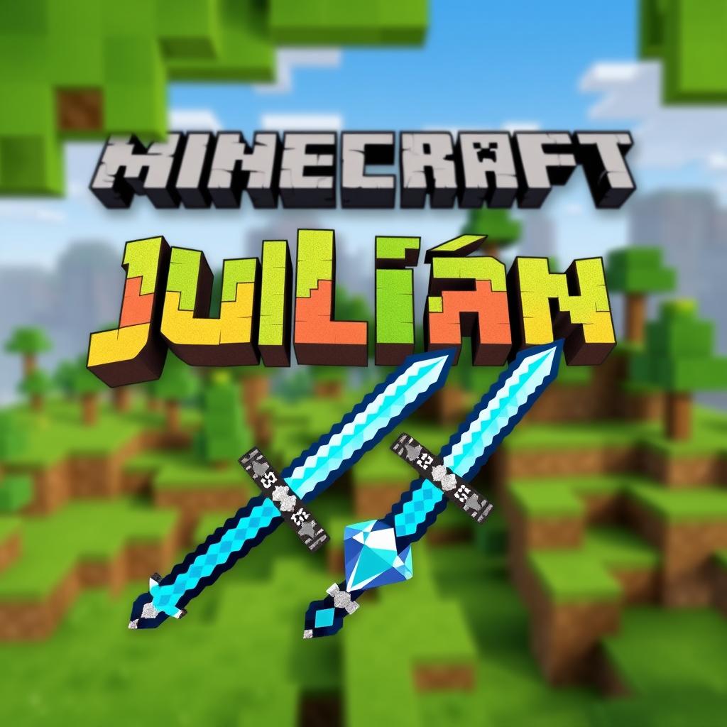 A vibrant Minecraft-themed background featuring blocky landscapes, including green grass, blue sky, and pixelated trees