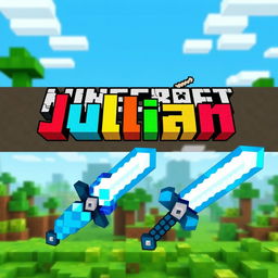 A vibrant Minecraft-themed background featuring blocky landscapes, including green grass, blue sky, and pixelated trees