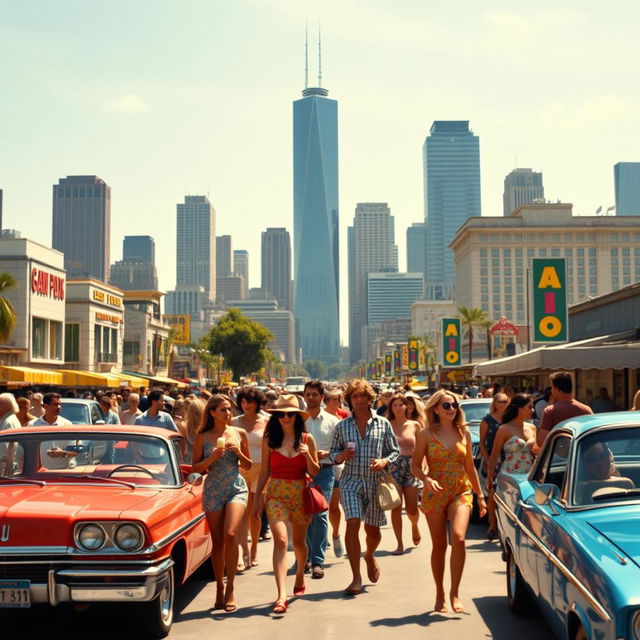 A vibrant and dynamic scene set in a bustling cityscape during a bright sunny day