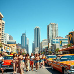 A vibrant and dynamic scene set in a bustling cityscape during a bright sunny day