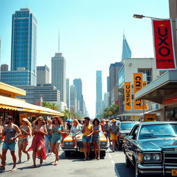 A vibrant and dynamic scene set in a bustling cityscape during a bright sunny day