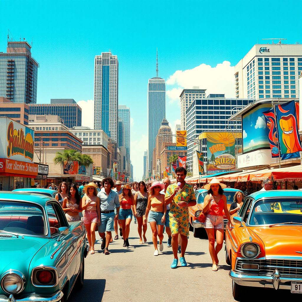 A vibrant and dynamic scene set in a bustling cityscape during a bright sunny day