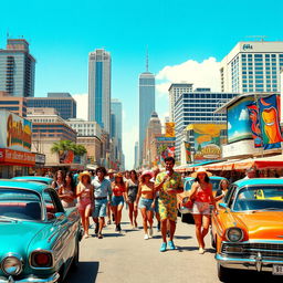 A vibrant and dynamic scene set in a bustling cityscape during a bright sunny day