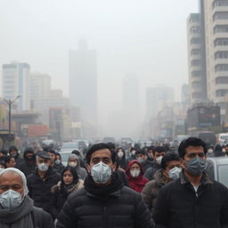 A bustling urban scene in Tehran, showcasing a densely populated street filled with people wearing masks due to air pollution