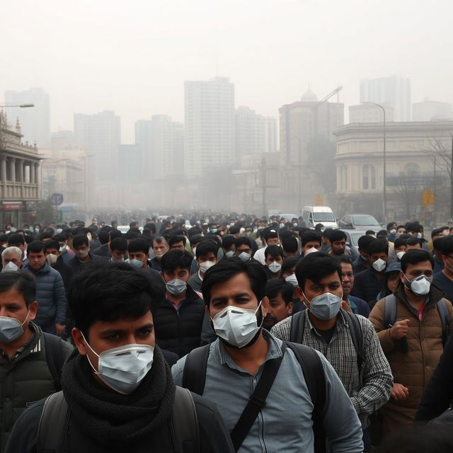 A bustling urban scene in Tehran, showcasing a densely populated street filled with people wearing masks due to air pollution